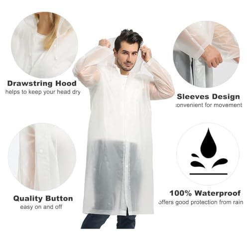 Opret 2 Pack Portable EVA Raincoats for Adults, Reusable Rain Ponchos with Hoods and Sleeves Lightweight Raincoats, Perfect for Outdoor Activities, White - Thumbnail 3