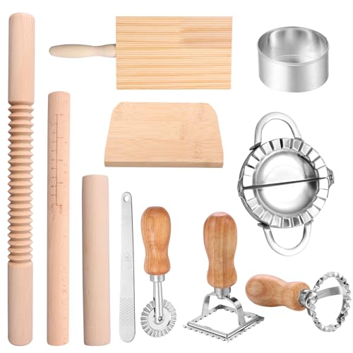11 Stück Nudelherstellung Set Holz Nudelholz Gnocchi Brett Teigschaber Fülllöffel Rollenschneider Raviolibrett Praktisches Zubehör für Nudelherstellung Küche DIY Geschenk
