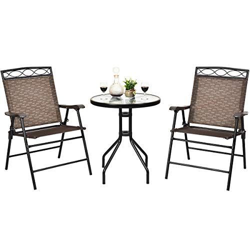 Dortala 3-Piece Outdoor Indoor Bistro Conversation Set, Patio Pub Dining Set With 2 Folding Chairs & Round Tempered Glass Table, Umbrella Cutout, Outdoor Dining Furniture Set For Garden Pool Backyard #TOP12