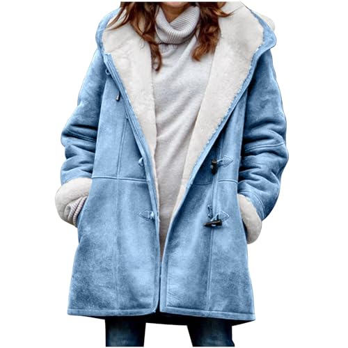 KOG Winterjacke Damen Fleecejacke Herbstjacke Elegante Jacken Einfarbige Bekleidung Warme Trenchcoat Warmes Hoodie Teenager Fleecejacke Baumwolle Hellblau L