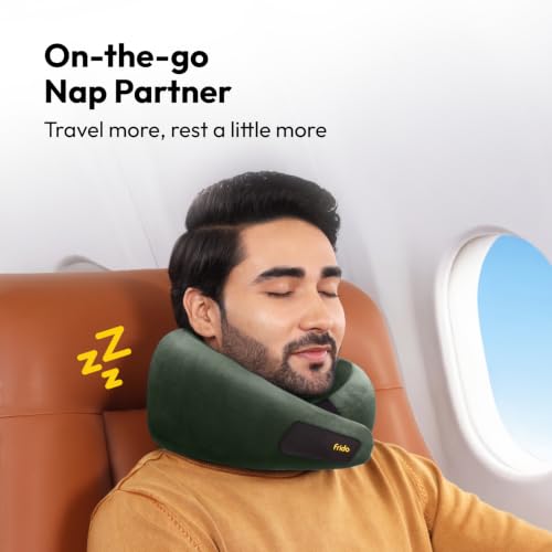 Image of Frido Travel Neck Pillow, 100% Hi-Per Foam, Lightweight Neck Support Pillow, Neck Pillow for Flight Travel, Memory Foam Car Neck Pillow, Adjustable Velcro Straps, Free Travel Pouch (Olive Green)