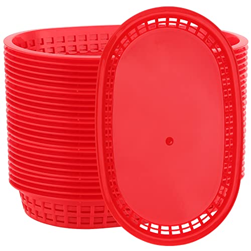 MANCHAP 50 Pack 10.6 x 7 Inches Plastic Fast Food Serving Baskets, Oval Plastic Food Basket for Bread, Fruits, Hot Dogs, BBQ, Fries, Red
