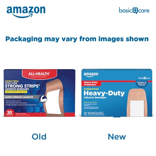 Image of Amazon Basic Care Heavy Fabric Adhesive Bandages, Strong Adhesion, Large Tough & Flexible Non-Stick Pad Cushion, 1.75 x 4 in, 30 Count