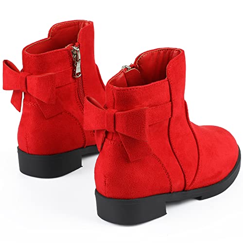 PANDANINJIA Polly Girls Boots Toddler Kids Ankle Boots Dress Short Bow Booties with Side Zipper (Red Suede, 3 M US Little Kid)2