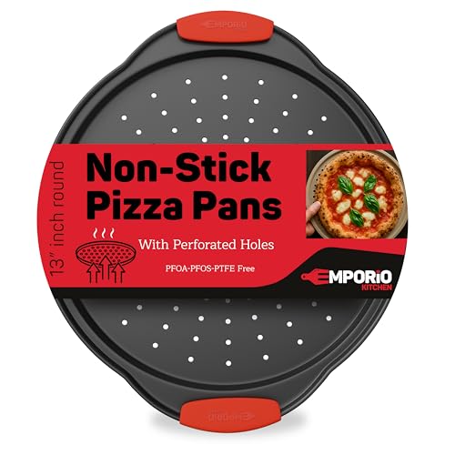 Non-Stick Pizza Pan with Silicone Handle 1 Pack, 13 Inch Round Carbon Steel Tray with Perforated Holes, Dishwasher & Oven Safe Up To 450Â°F, PFOAPFOSPTFE Free, Durable Nonstick Gray Coating