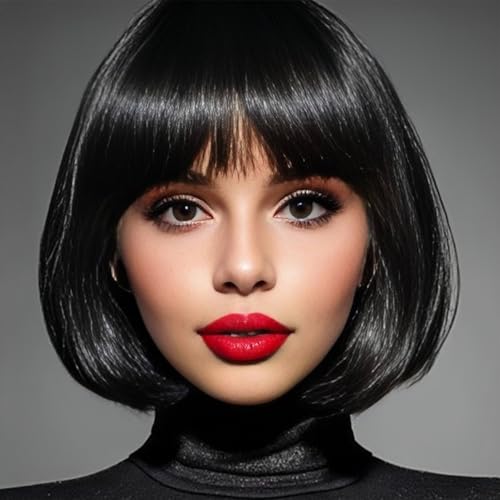 Luxiremi Perruque bob pour femme de 30,5 cm - Synthétique - Courte et lisse - Noir - Avec frange - Jeu de rôle - Port hollywoodien