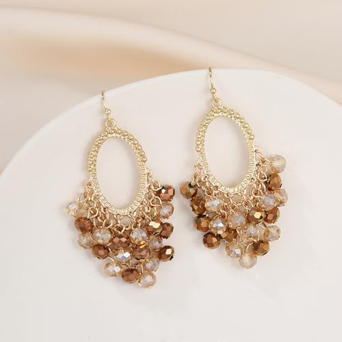 Gold/Silver Oval Shape Dangle Earrings with Colorful Tier Beads, Vintage Handmade Geometric Drop Earrings with Crystal Beads Cluster Jewelry Gift for Women3