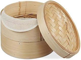 Relaxdays 10027850 Bamboo Steamer Basket, 2 Tiers, for Rice, Dim Sum, Vegetables, Fish, Organic, Asian Cuisine, Ø 20.5cm, Natural, Cotton