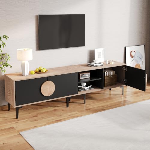 Merax Mueble para TV de 180 x 35 x 49 cm, armario bajo para televisor de 80 pulgadas, armario para televisión con 2 armarios y estantes abiertos, color madera natural y negro, soporte de TV para salón