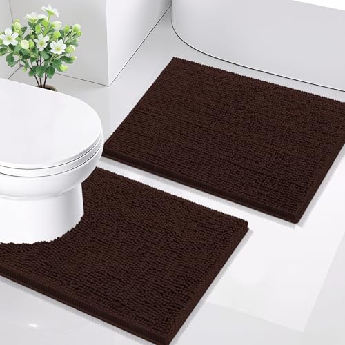 Image of Smiry Bathroom Rugs Set 2 Piece, Soft Absorbent Chenille Bath Mat and U-Shaped Toilet Rug Set, Non Slip Shaggy Bath Carpet for Tub, Shower and Floor (24x16+24x20, Brown)