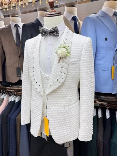 Men's 3 Piece Slim Fit Suit Set Crystal Beaded Tuxedo, Formal Wedding Suit White Jacquard Suits with Jacket Vest Pants2