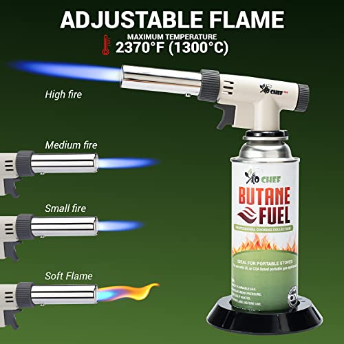 Jo Chef Pro Butane Torch Lighter - Refillable Butane Torch Head, Hand Held Small Butane Torch With Adjustable Flame - Culinary Blow Torch, Creme Brulee Torch, Baking, Bbq, Including 3 Butane Canisters #TOP5