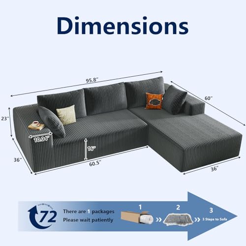 Image of 96 inch Modular Sectional Sofa, Modern Corduroy Cloud Couch with Deep Seat, Boneless Couch Upholstered 3-Seater L-Shaped Sofa for Living Room, No Assembly Required (Dark Grey, Right-Facing Chaise)