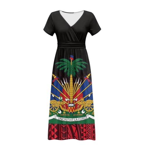 Image of Women's Fall Summer Short Sleeve Ankle Length V-Neck Party Dress with Pockets Size S-3XL