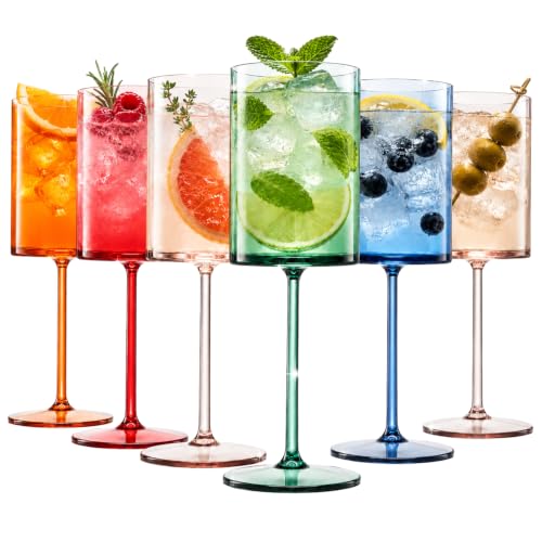 Unbreakable Stemmed Square Tritan Acrylic Floating Wine Glasses European Style | Set of 6 | 100% US Drinkware, 14oz Dishwasher Safe Muted Color Shatterproof BPA-free plastic, All Purpose Glassware by Khen - Used condition - US$22.46