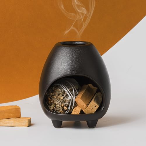 Bruciatore per incenso Palo Santo, realizzato a mano, in ceramica, per bastoncini di Palo Santo o fasci di salvia, ciotola per sbavature, decorazione per la casa per meditazione (nero)