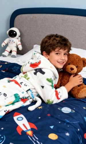 Image of Boys Girls Bathrobes,Toddler Boy Girl Robes,Children's Plush Soft Coral Fleece Hooded Pajamas Sleepwear for Kids