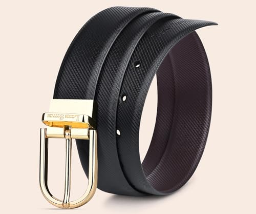 Image of LOUIS STITCH Men's Reversible Brown and Black Italian Leather Belt with Golden Buckle (Prague STGD)
