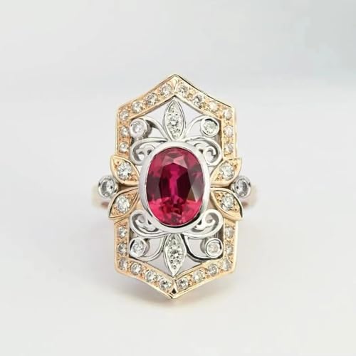 Bague Dorée Luxe pour Homme et Femme - Anneau Ovale Fleur Carrée Pierre Rouge