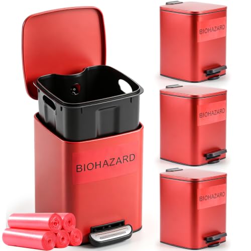 Image of Geiserailie 4 Set 1.6 Gallon Stainless Steel Biohazard Trash Can with Foot-operated Self-closing Lid, with Biohazard Labels & Bags for Lab Medical Hospital Industrial Infectious Waste Disposal, Square