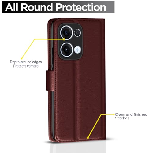 Image of Pikkme Flip Cover Leather Finish | Inside TPU with Card Pockets | Wallet Stand and Shock Proof | Complete Protection Button Flip Case for Oppo Reno 13 5G(Brown)