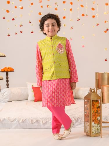 Pspeaches Boys Ethnic Motifs Printed Pure Cotton Kurta With Pyjamas And Nehru Jacket