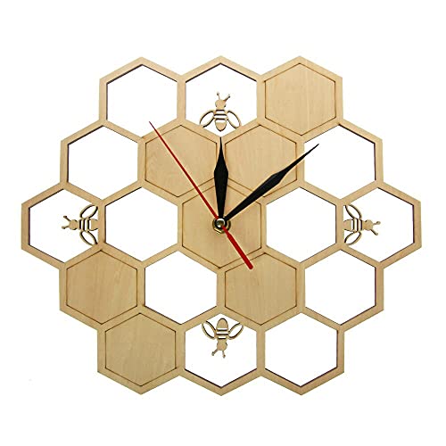 XDG Reloj de Pared de Madera Natural con Abejas y Panal, Arte de Pared Hexagonal, Reloj de Madera de Abeja y Miel, Reloj contemporáneo, decoración para el hogar, Sala de Estar