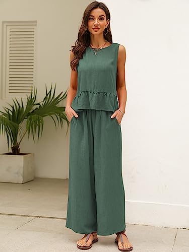 Automet 2 Piece Sets For Women Summer Sets 2023 Vacation Nashville Outfits Sleeveless Linen Crop Top Casual Matching Lounge Comfy Tracksuits Long Pants Jumpsuits Airport Travel Clothes #TOP2