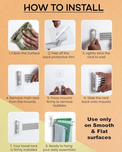 Image of Wall Mounted Adhesive Multi Bar Towel Holder Rack with Rotating Stainless Steel Rods and Side Hook for Bathroom Kitchen Use on Smooth Flat Surfaces (Towel Rack 001)
