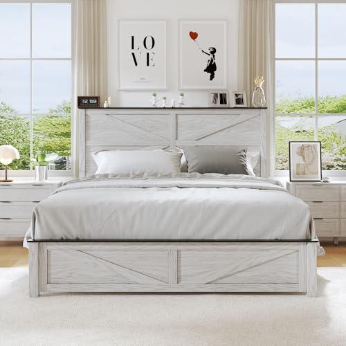 Mxhtcewz Farmhouse Queen Size Wood Bed Frame with Geometric Headboard Wooden Platform Bedframe with Footboard No Box Spring Needed Noise Free White