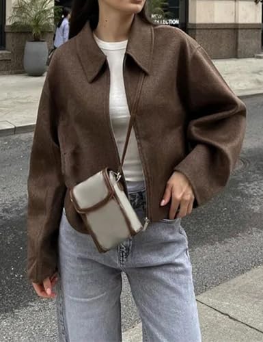 Zucige Cropped-Wolljacke für Damen, einfarbig, Reißverschluss, kurz, Erbsenmantel, Herbst, Winter, trendige Tweed-Jacken 2025, Braun, M