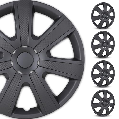 WOLFSTORM 15 Inch Wheel Hubcaps Cover,Snap-on Fashion Shape Replacement Rim Cover Hubcaps,Car SUV Wheel Hub Accessories, 4-Pack(Matte Black Texture)