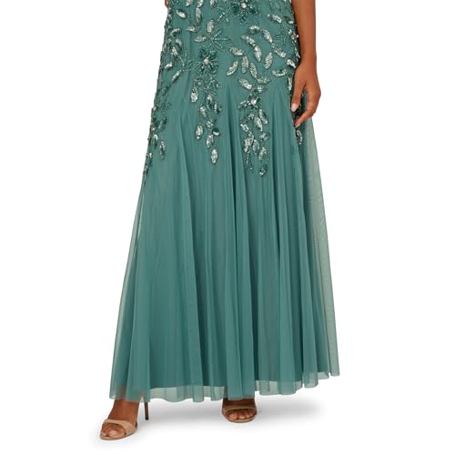 Image of Adrianna Papell Women's Beaded Gown with Godets - Floor Length Gown with Floral Embellishments & Cap Sleeves