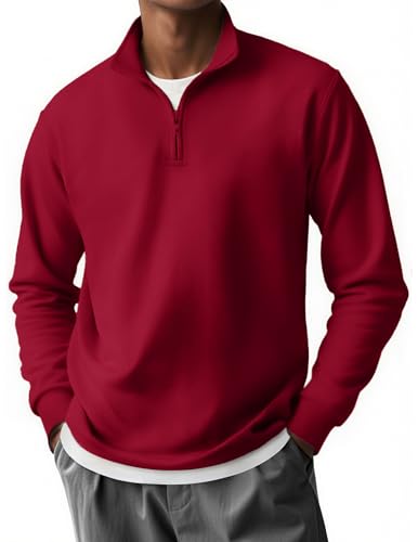 COOFANDY Mens Quarter Zip Sweatshirt Casual 1/4 Zip Polo Shirts Fashion Retro Quilted Pullover Solid Lightweight Sweater Fall Fashion Sweatshirts Red