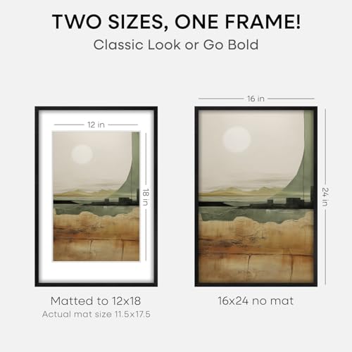 Image of Homeforia 16x24 Black Wood Frame, High End Oak 16x24 Picture Frames with Mat 12x18 Photo, 16 x 24 Wooden Poster Frame Matted to 12 by 18 Print, 24x16 Hanging Frames, Tempered Glass, Wall Kit, Set of 1