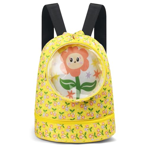 Alaoo Saco de natação para crianças, desporto com cordão, saco de piscina de separação em seco húmido com compartimento para sapatos, adequado para meninos e meninas, praia, acampar (flor amarela)