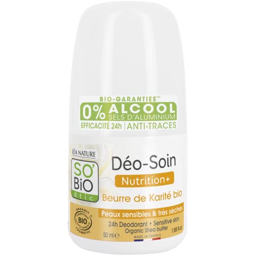 SO'BiO étic | Natural Deodorant | 24 hr Odor Protection, Aluminum Free & Organic | For Sensitive Skin, Men & Women | Shea Butter | Roll-On 1.69 oz