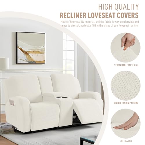 Image of KinCam Loveseat Recliner Covers with Middle Console Slipcover, Recliner Sofa Covers 2 Seat Couch Cover Stripe Jacquard Furniture Protector Covers with Elastic Bottom for Kids, Pets(Cream)