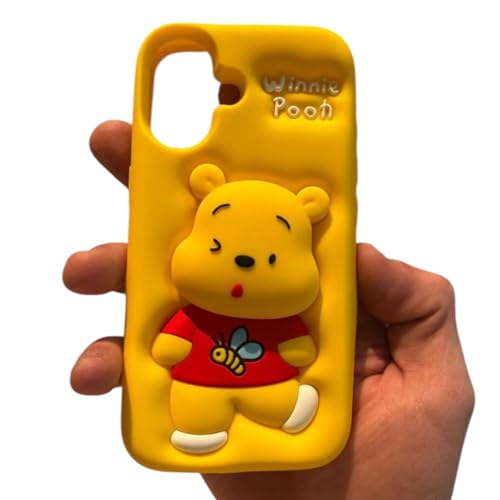 SUKOVIA Soft Silicone 3D Cartoon Character 'Winnie Pooh' Back Cover Case for iPhone 16 with Pop-Up Holder | Full Body Protection with Shockproof & Anti-Scratch Resistance