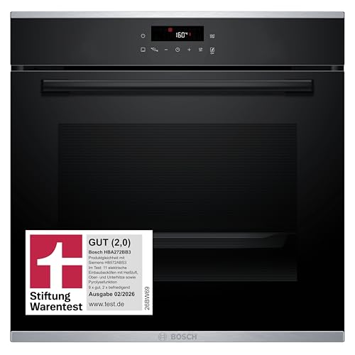 Bosch HBA272BB3, Stiftung Warentest GUT (2,0)*, Serie 4 Einbau-Backofen 60 x 60 cm, Pyrolyse-Selbstreinigung & Hydrolyse, LED Touch Control, 3D-Heißluft, 10 Automatikprogramme, Schnellaufheizung