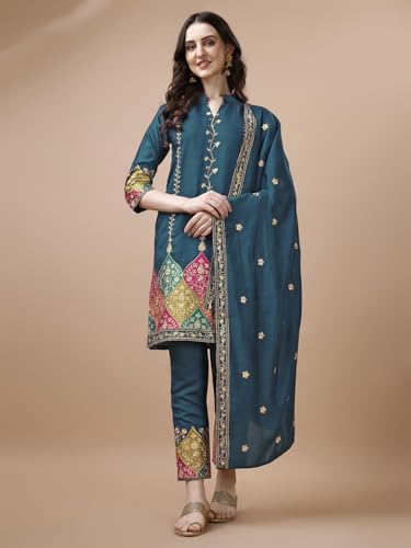 Image of Granthva Fab Women's Chanderi Silk Embroidered Straight Kurta with Palazzos and Dupatta
