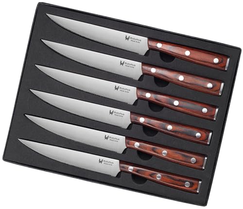 WALLOPTON Set of 6 Steak Knives - Sturdy Full Tang Wood Handle, Fine Serrated Sharp Edge for Smooth Cutting - High Carbon German Stainless Steel - 5'' Dinner Knife Set with Gift Box by WALLOPTON - Used condition - US$23.06