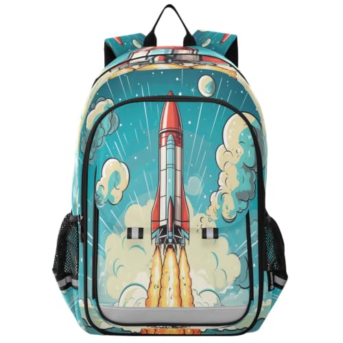 Sac à dos scolaire fusée bleue pour enfants et adolescents