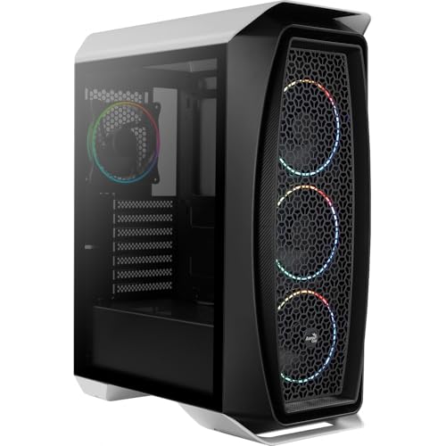 Aerocool Eclipse Mid Tower Case – Aero One PC Gaming Case 4 x 120mm ARGB Fans with 1-6 PC Fan Hub PWM Compatible, Mesh Front Tempered Glass Side Panel, Supports Liquid Cooling, Cables Included, White