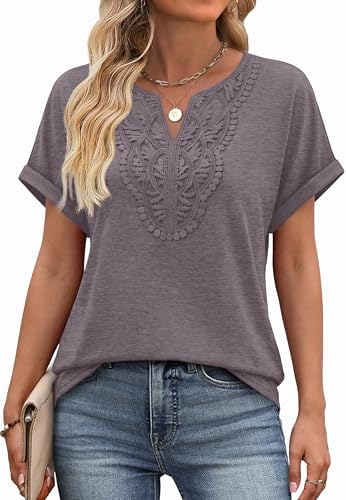 Business Casual Outfits for Women Blouses Dressy Casual Short Sleeve Tops for Curvy Women Summer V Neck Tees Lace Front Coffee Grey M