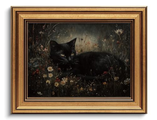 Black Cat Gothic Floral Wall Art Dark Academia Canvas Art Prints 8x10in