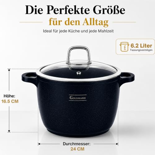 GOLDMANN Kochtopf Aluguss/Suppentopf, 24 cm, 6.2 l, antihaftbeschichtete Keramik in Marmoroptik, Glasdeckel, geeignet für Induktion und alle Herdarten, ofenfest und PFOA-frei