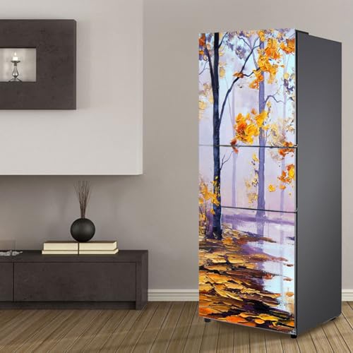 Fridge Wraps Kitchen Fridge Stickers Cover Full Doors, Fridge Sticker Full Covering Door Fridge Covers Decor, Freezer Skins Wall Stickers for Kitchen Decal, Oil Painting Tree Forest Scenery