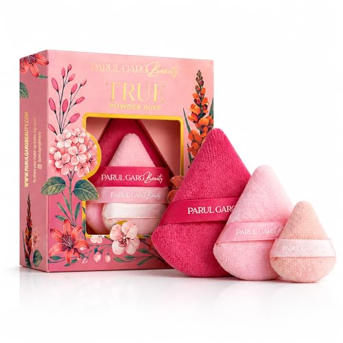 Image of Parul Garg Beauty Makeup Puff Trio | Powder Pizza Puff with Strap Soft Dual Texture | Reusable Face Puff, Cosmetic Sponges for Loose & Compact Powder Application | Triangle puff for Makeup Sponges Gift Set Woman