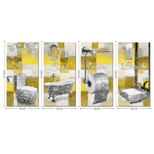 Conipit Bathroom Wall Art Decor Yellow and Silver Canvas Prints, 4 Piece Set with Relax Soak Unwind Breathe 8''x16''x4 (yellow) by Conipit - Used condition - Image 6